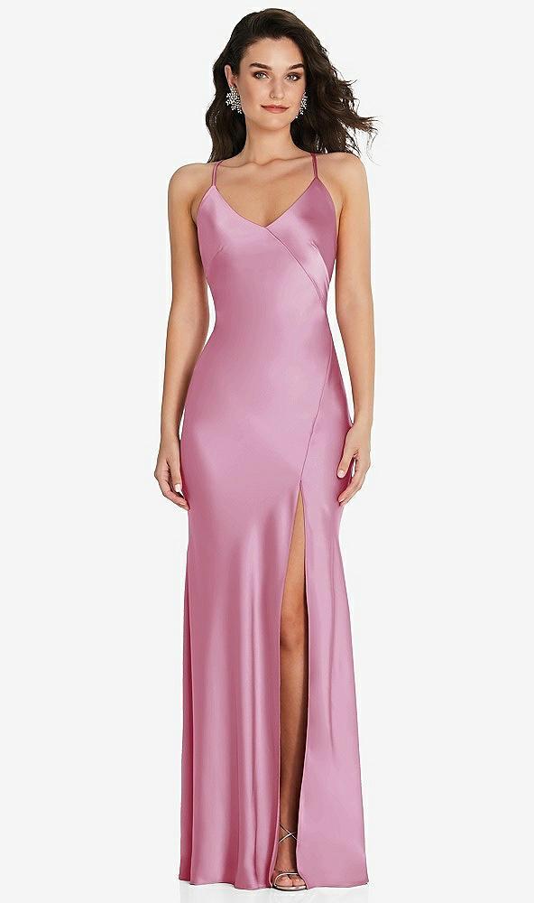 v-neck convertible strap bias slip dress with front slit