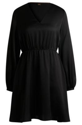 v-neck dress in hammered satin- black women's business dresses