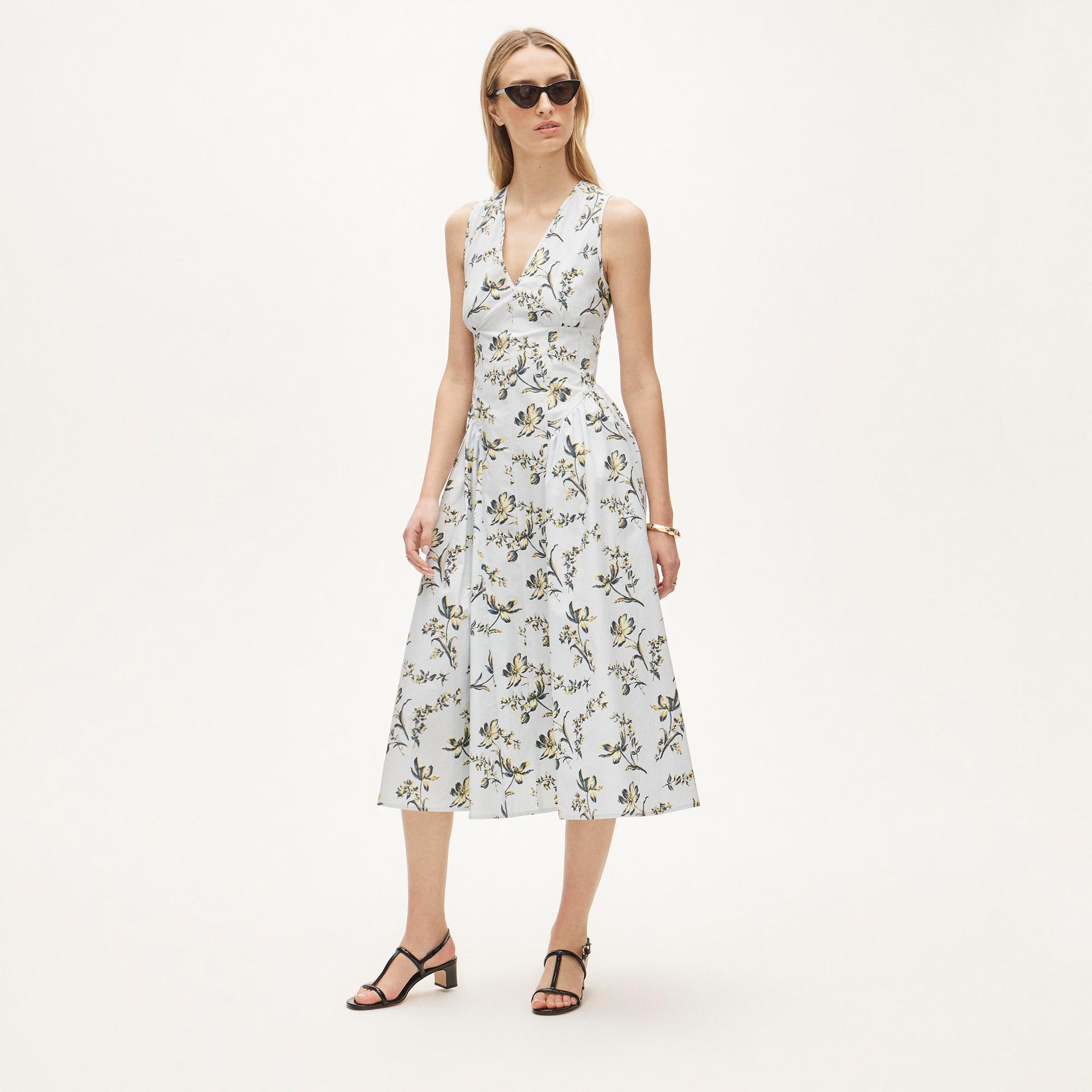 v-neck dress in lotus-print cotton poplin