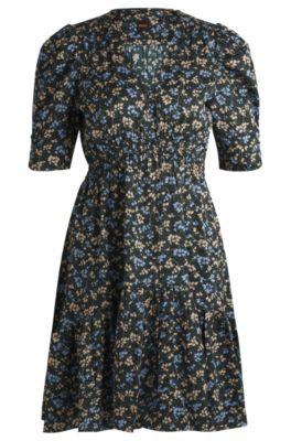 v-neck dress in printed satin with gathered sleeves- patterned women's day dresses