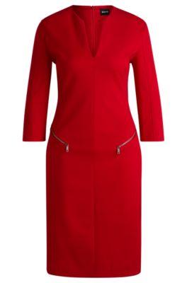 v-neck dress with zipped pockets and cropped sleeves- red women's business dresses