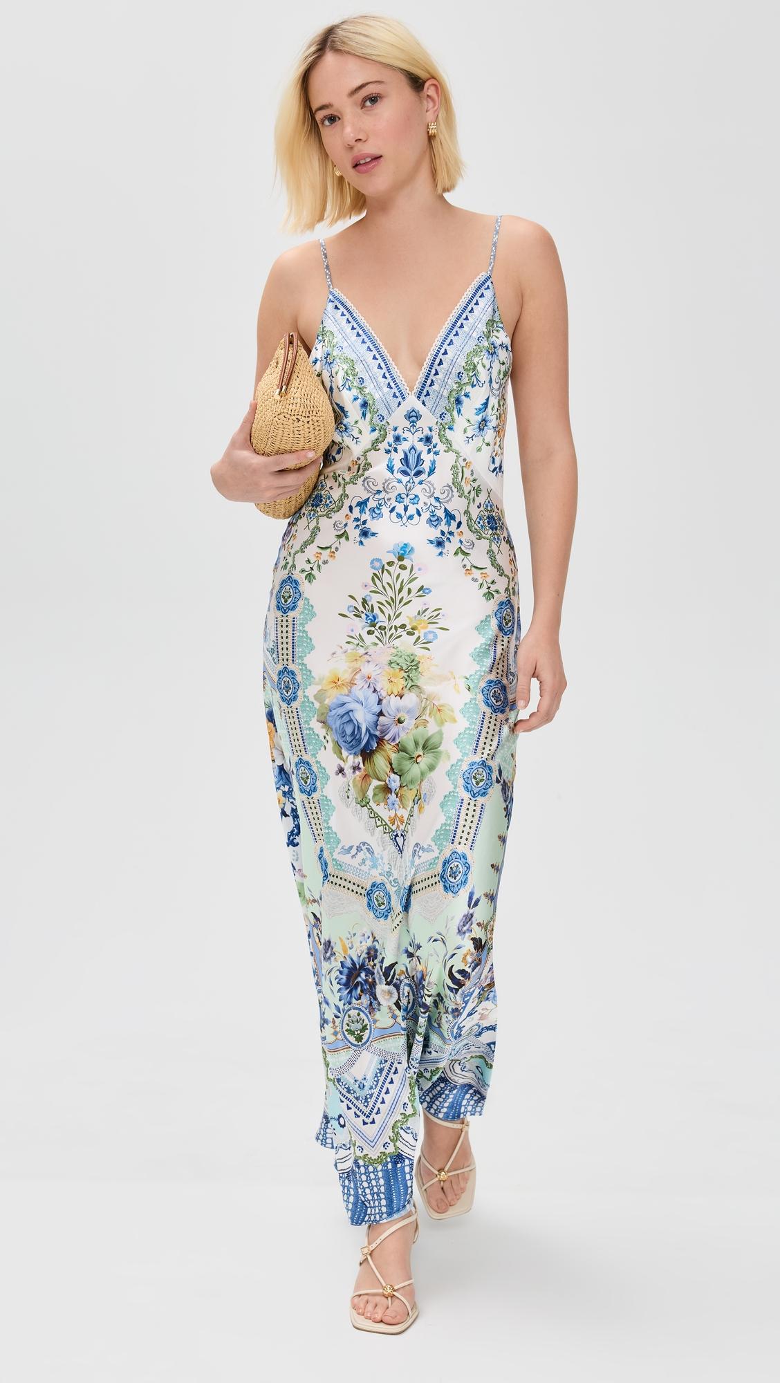 v neck full length bias slip dress