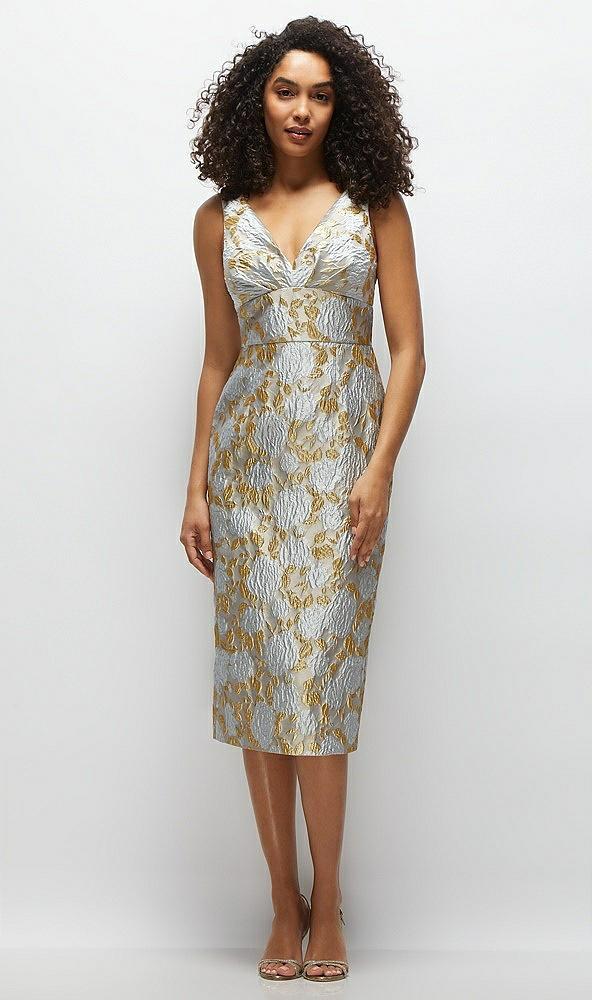 v-neck gold brocade column midi dress