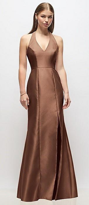 v-neck halter satin trumpet gown