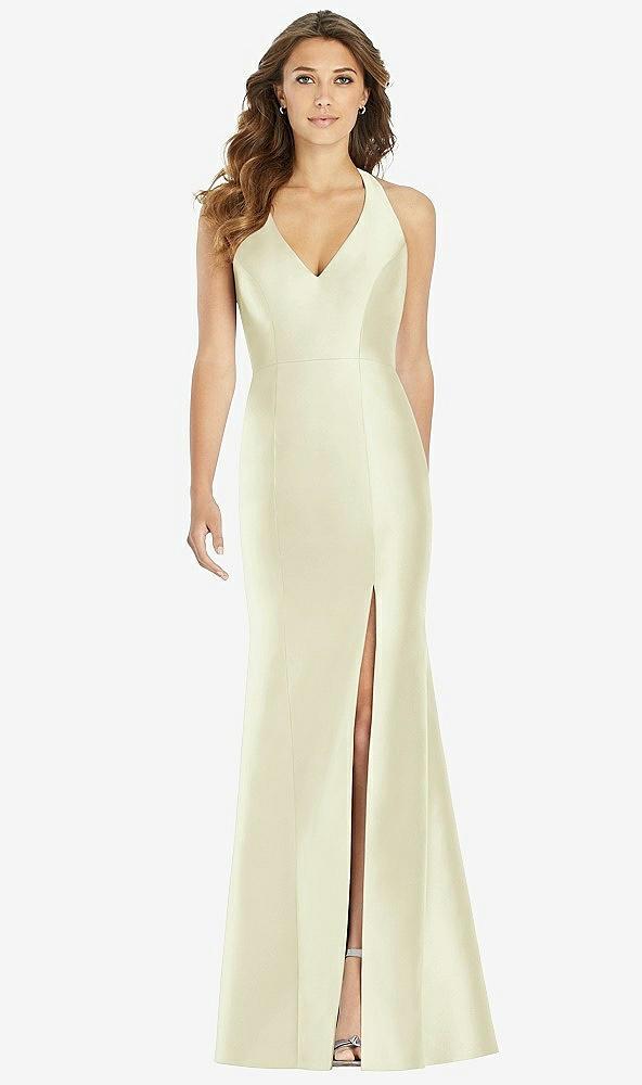 v-neck halter satin trumpet gown