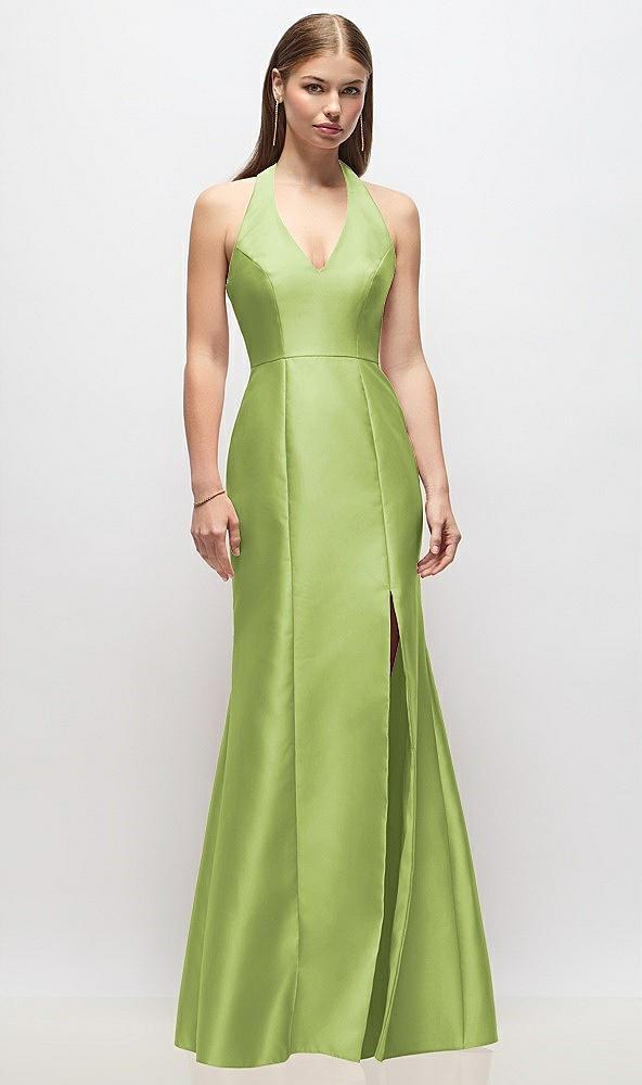 v-neck halter satin trumpet gown