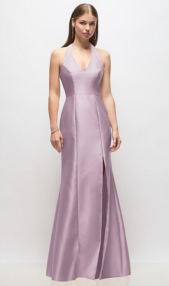 v-neck halter satin trumpet gown