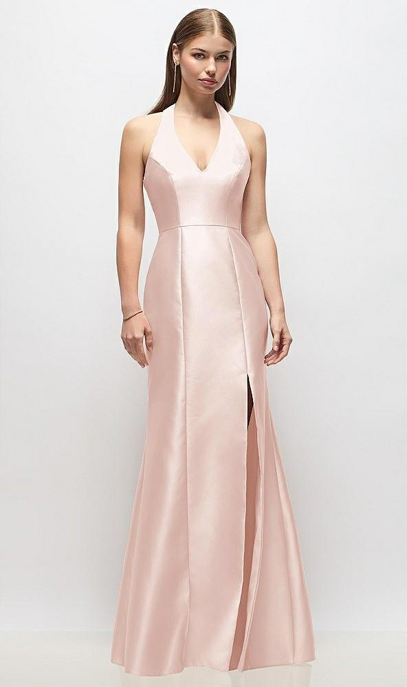 v-neck halter satin trumpet gown