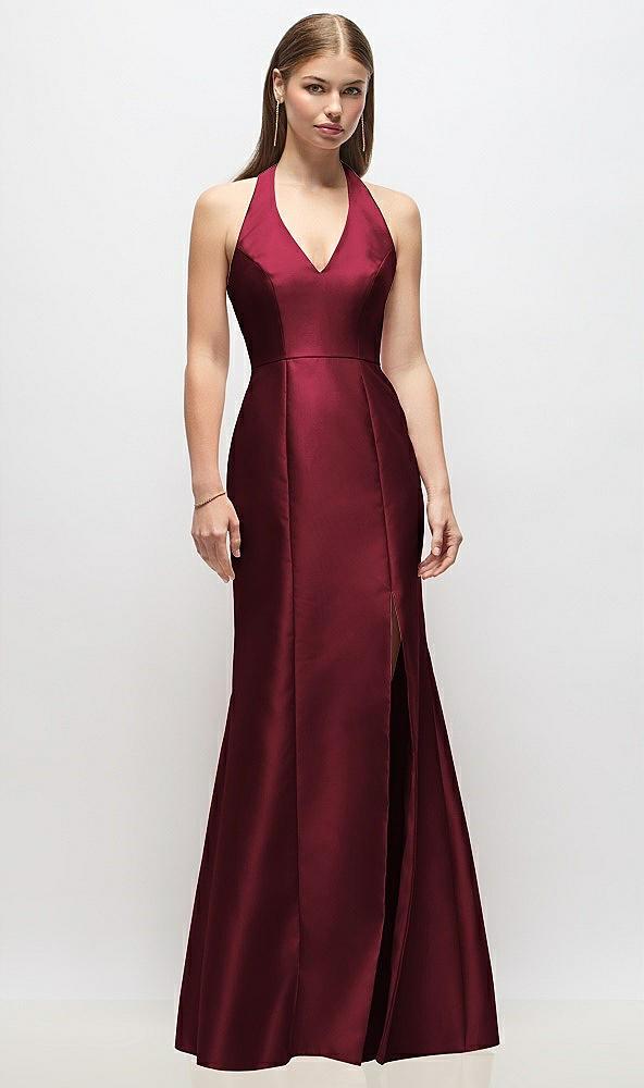 v-neck halter satin trumpet gown