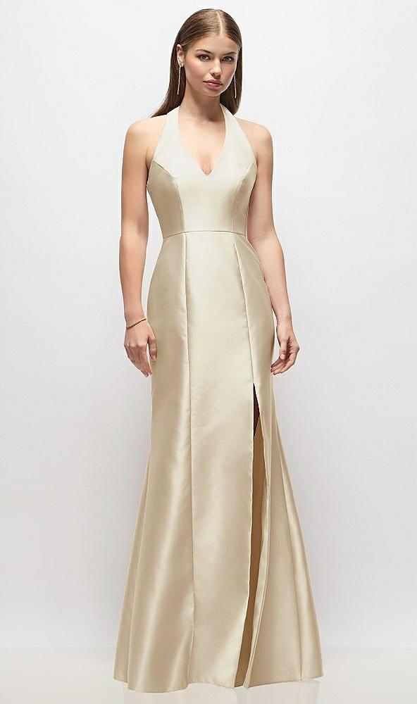 v-neck halter satin trumpet gown