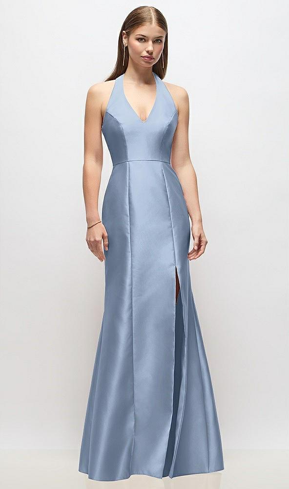 v-neck halter satin trumpet gown