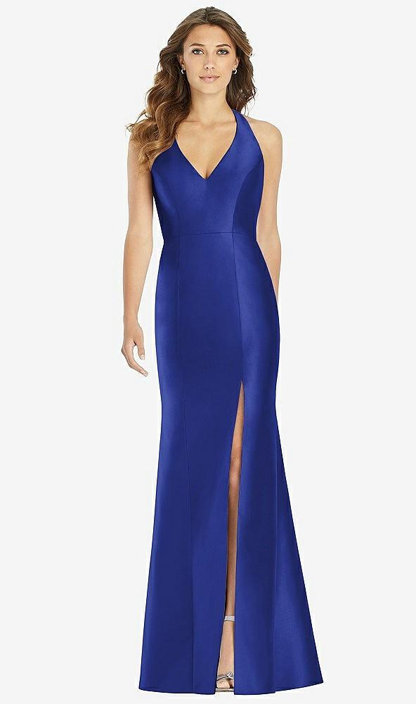 v-neck halter satin trumpet gown