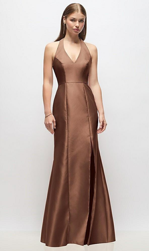 v-neck halter satin trumpet gown