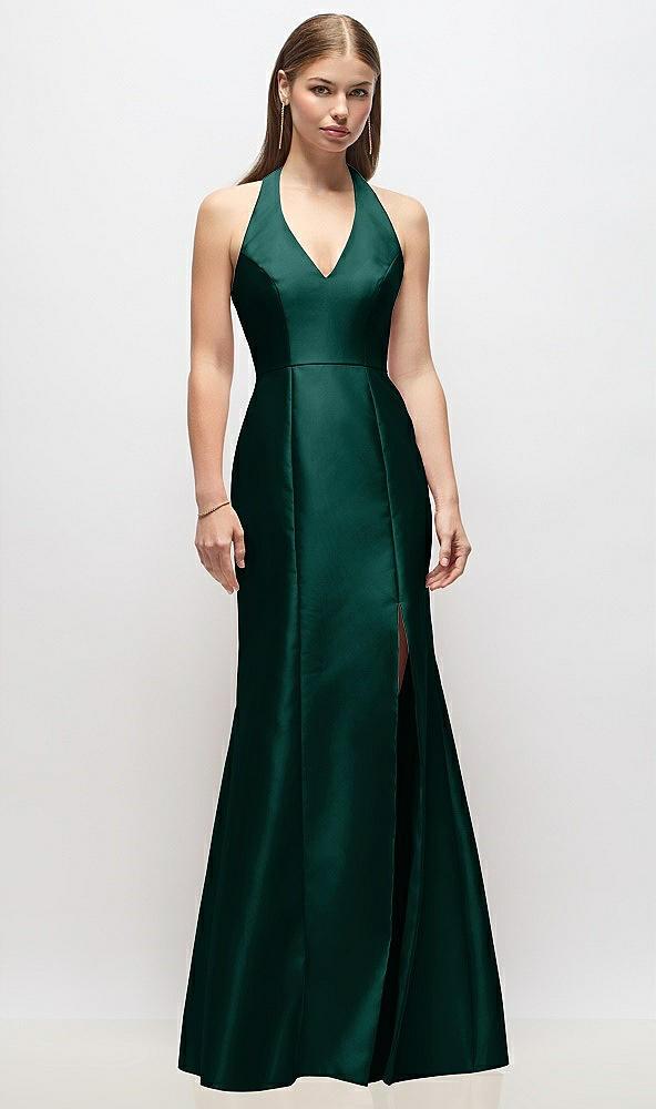 v-neck halter satin trumpet gown