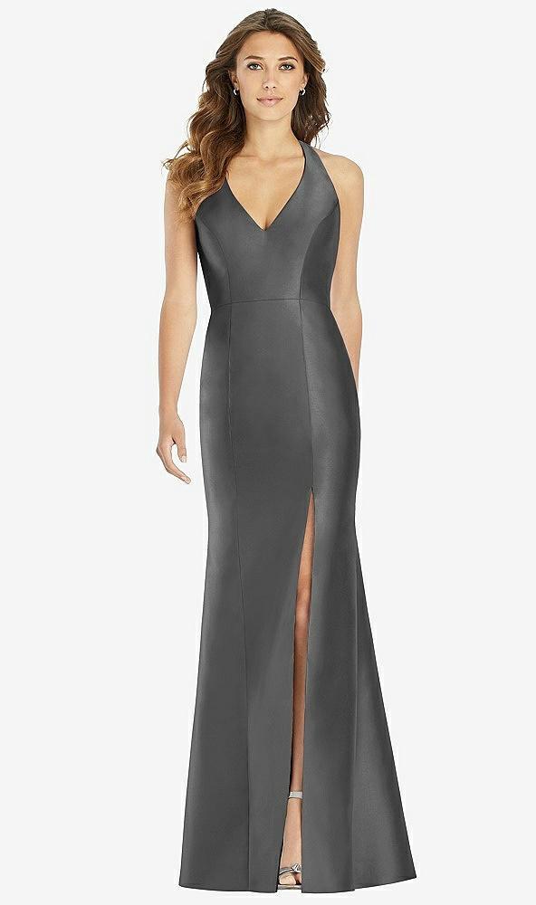 v-neck halter satin trumpet gown