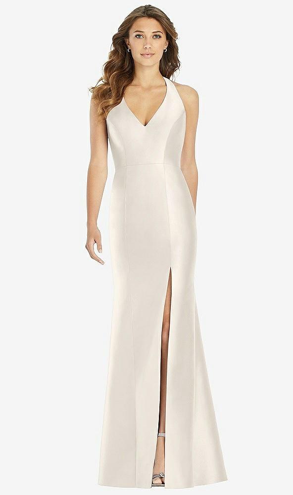 v-neck halter satin trumpet gown
