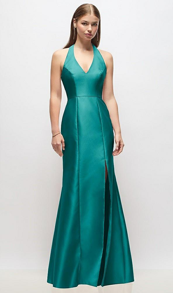v-neck halter satin trumpet gown