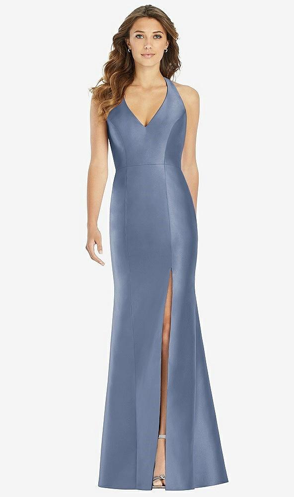 v-neck halter satin trumpet gown