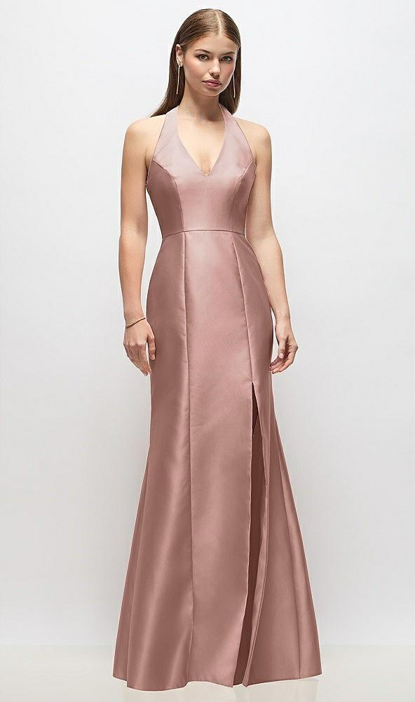 v-neck halter satin trumpet gown