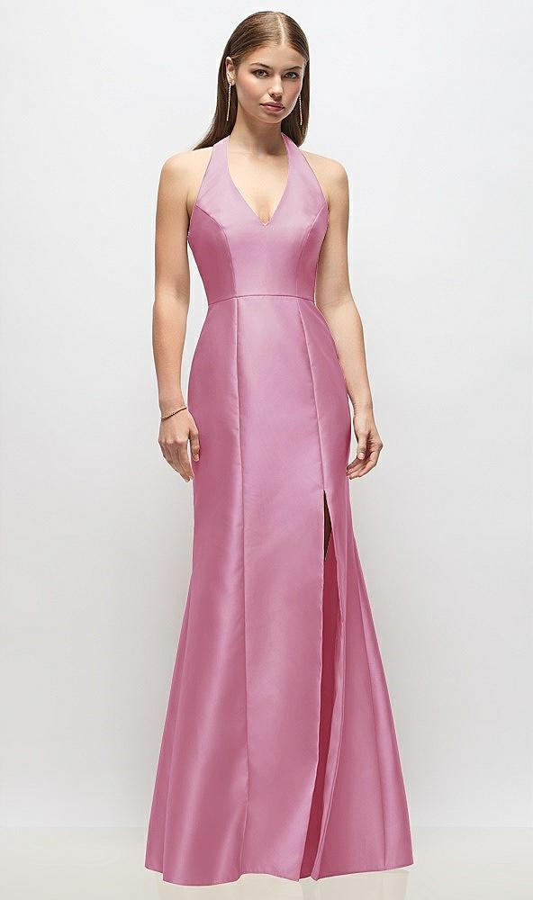 v-neck halter satin trumpet gown