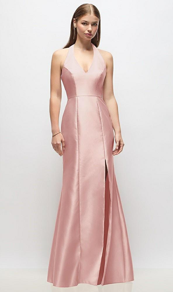 v-neck halter satin trumpet gown