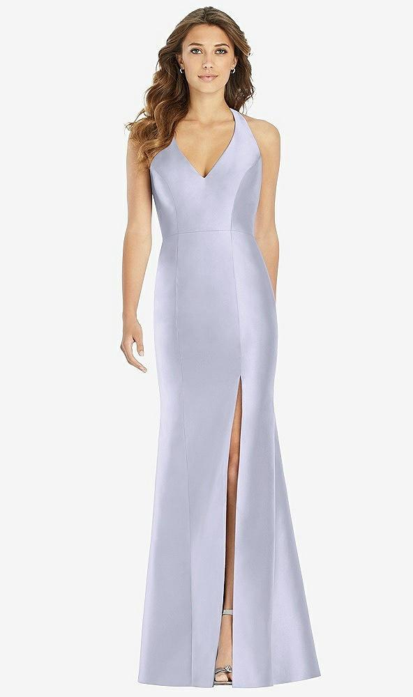 v-neck halter satin trumpet gown