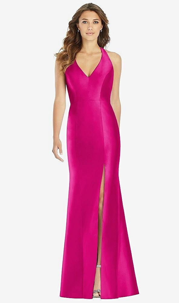 v-neck halter satin trumpet gown