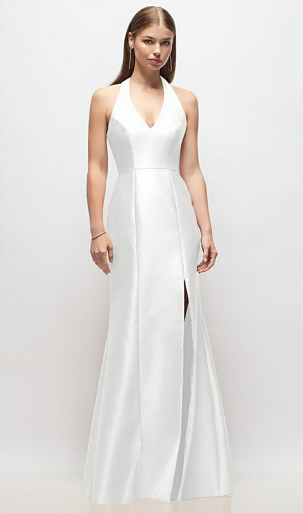 v-neck halter satin trumpet gown