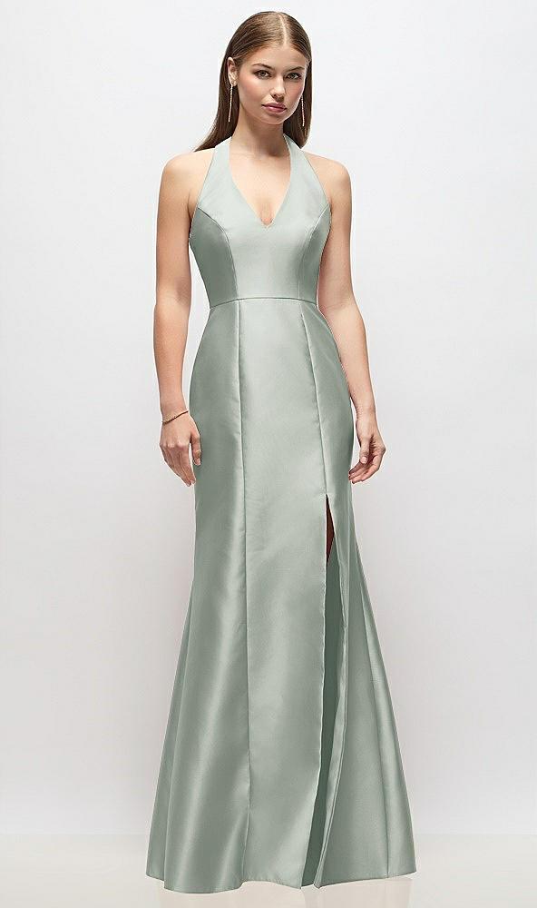 v-neck halter satin trumpet gown