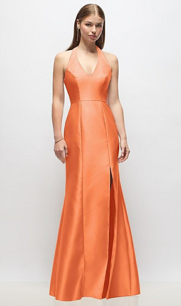v-neck halter satin trumpet gown