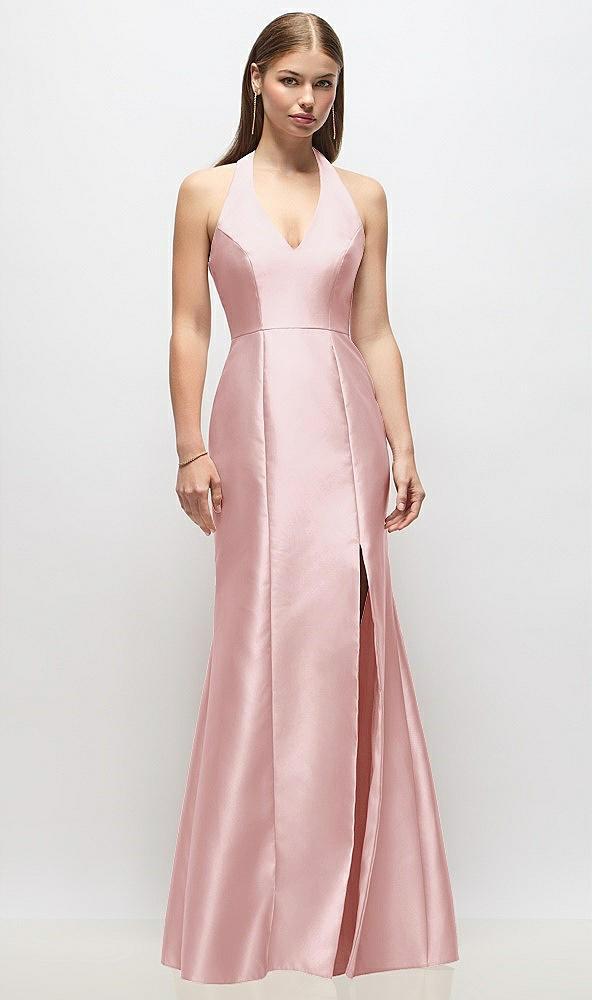 v-neck halter satin trumpet gown