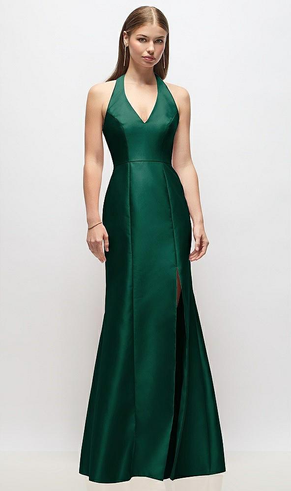 v-neck halter satin trumpet gown