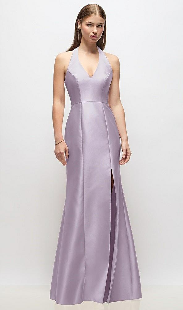 v-neck halter satin trumpet gown