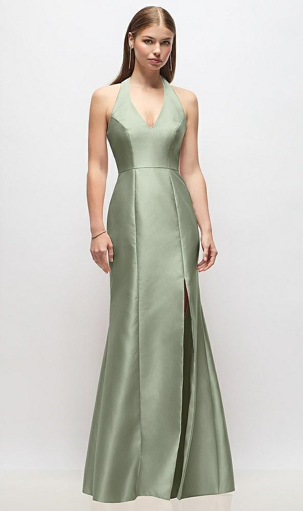 v-neck halter satin trumpet gown