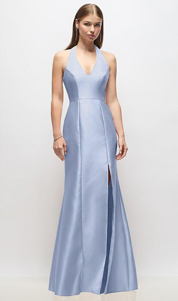 v-neck halter satin trumpet gown