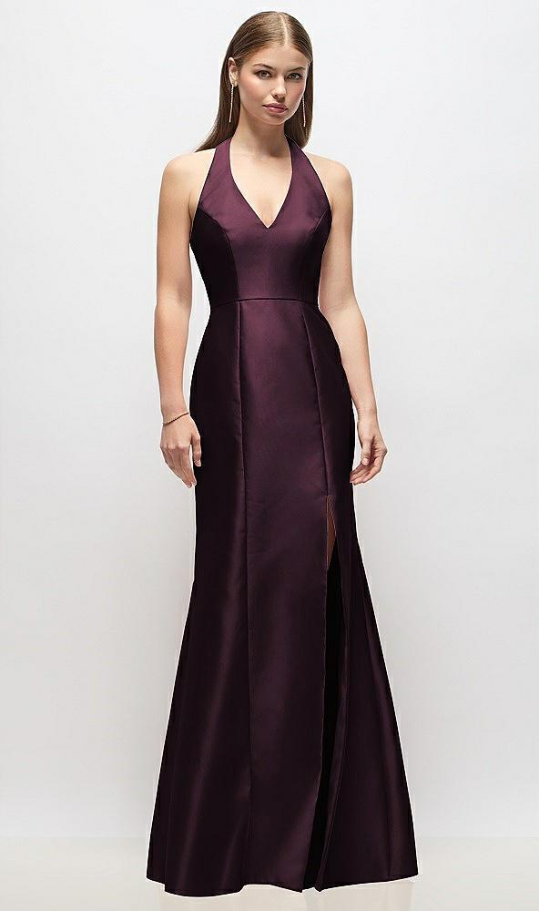 v-neck halter satin trumpet gown