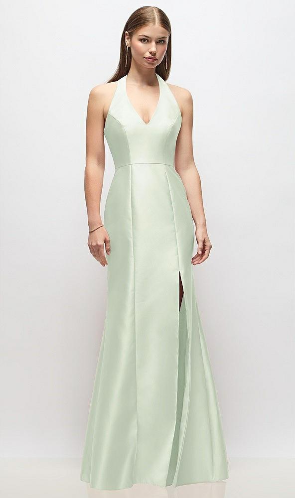 v-neck halter satin trumpet gown