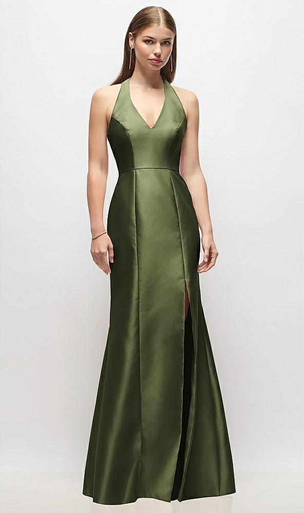 v-neck halter satin trumpet gown