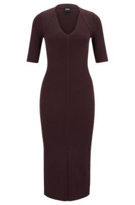 v-neck knitted dress with cropped sleeves- light red women's knitted dresses