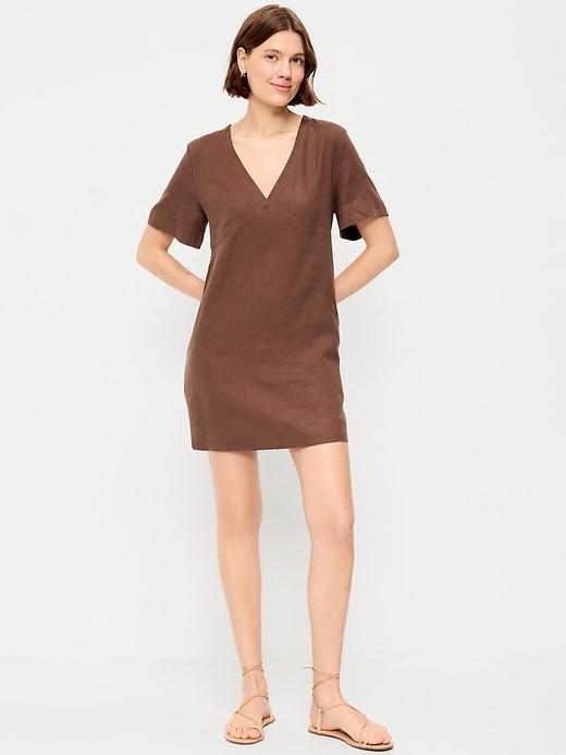 v-neck linen-blend mini shift dress