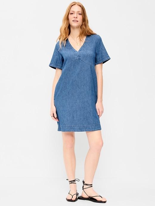 v-neck linen-blend mini shift dress