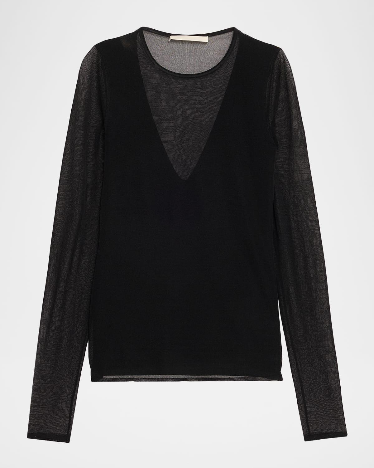 v-neck long-sleeve sheer knit top