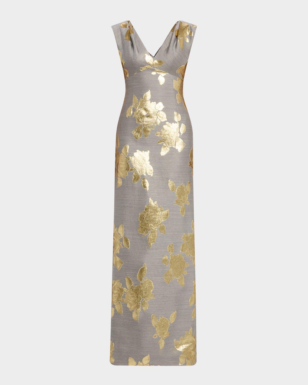 v-neck metallic floral jacquard empire gown