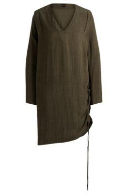 v-neck midi dress with drawcord detail- dark green women's day dresses