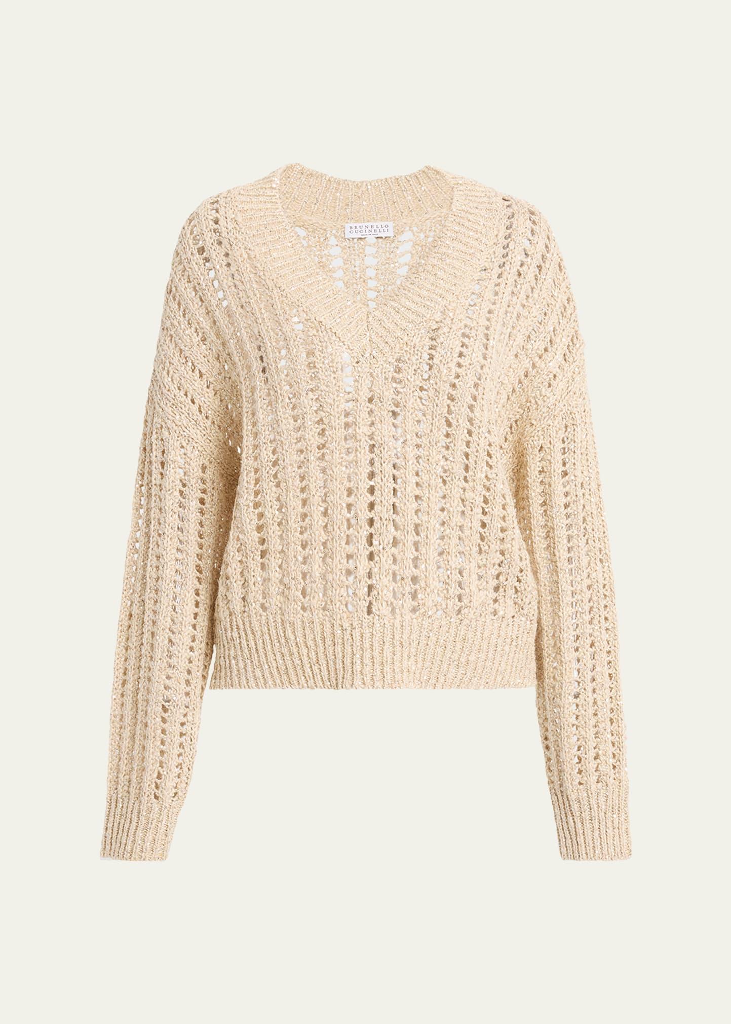 v-neck paillette open-weave knit sweater