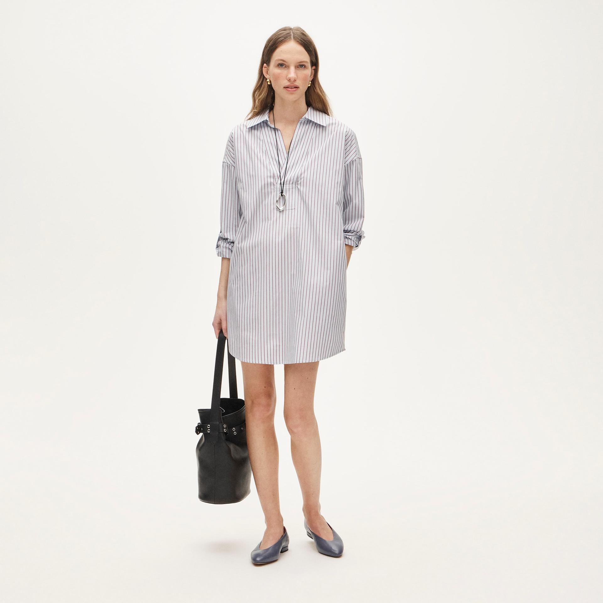 v-neck popover dress in striped cotton poplin