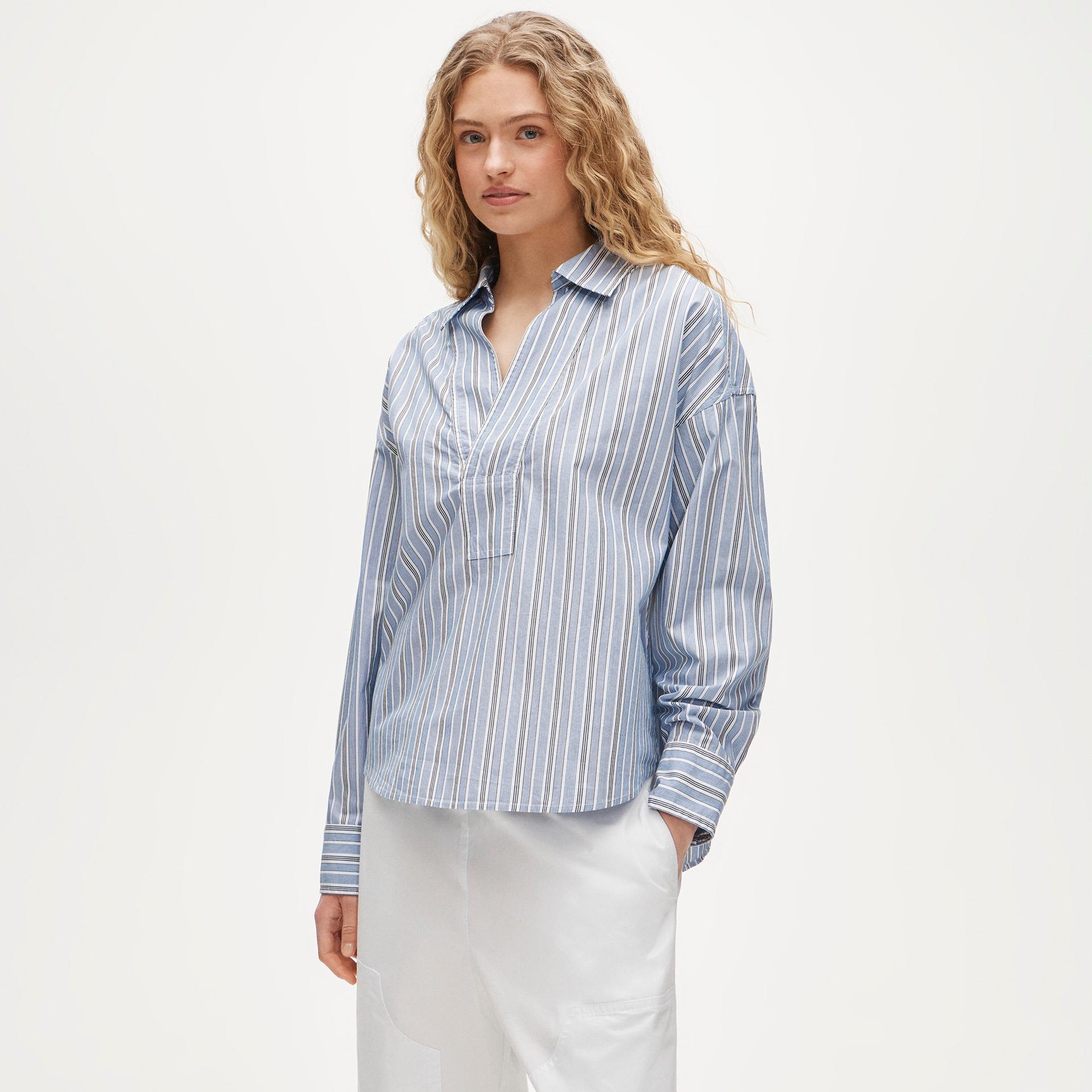 v-neck popover shirt in striped cotton poplin