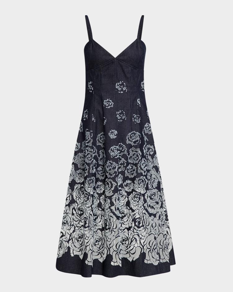 v-neck rose denim devore sleeveless midi dress