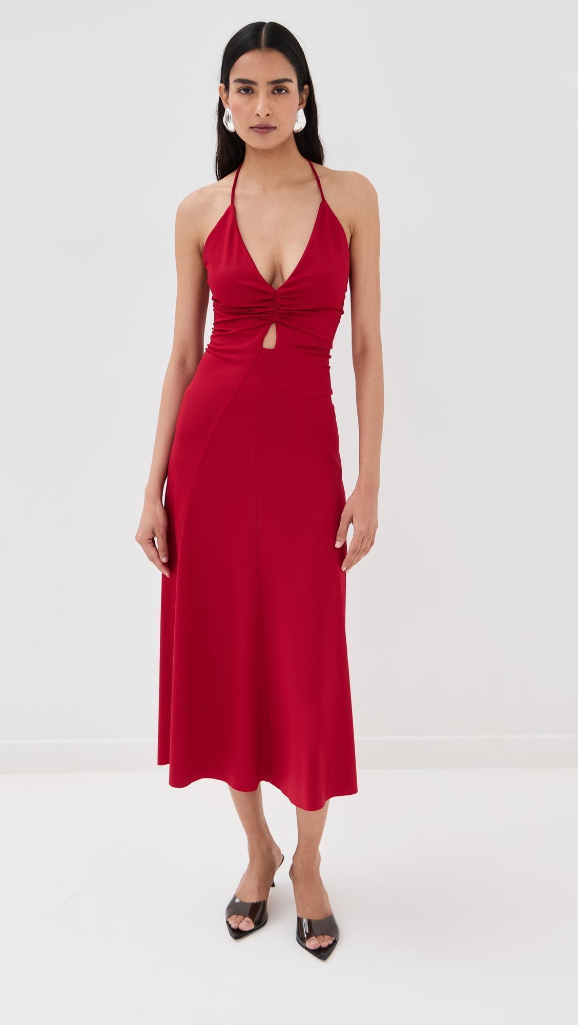 v-neck ruched cami midi dress