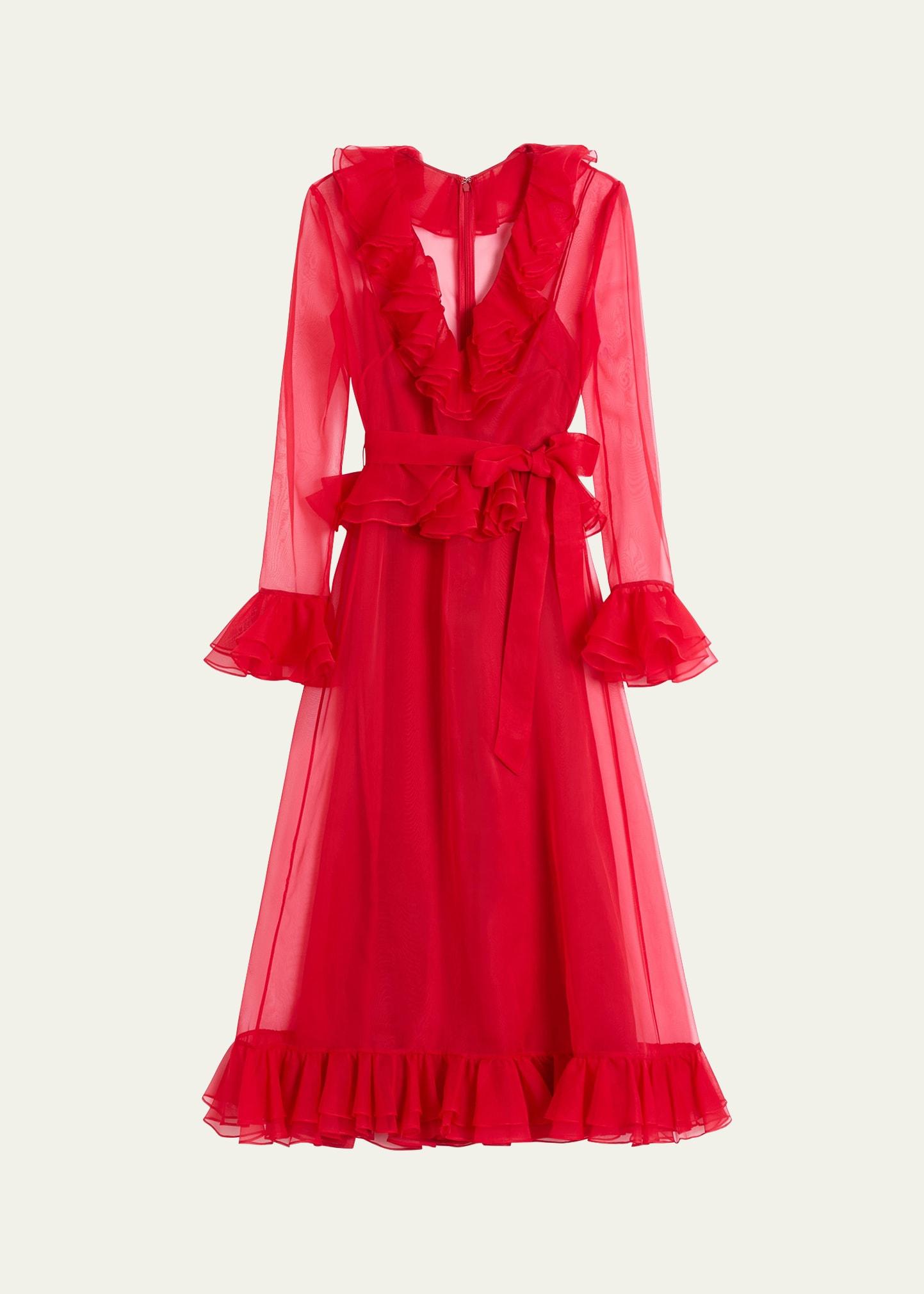 v-neck sheer organza ruffle midi dress